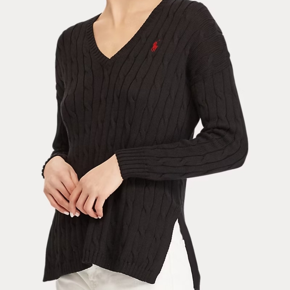 Ralph Lauren Blue Label Black Cable‑Knit V‑Neck Sweater with Red Pony